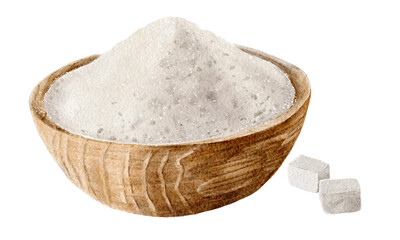 Salt or sugar in a wooden bowl painted in watercolor. Spices on a white background. Kitchenware.