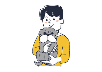 ペットのパグを愛している男性　コミカルな手書きの人物　ベクター、温かみのある線画