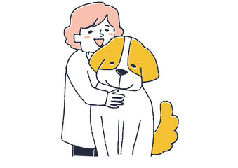 ペットのセントバーナードを抱きしめる女性　コミカルな手書きの人物　ベクター、温かみのある線画