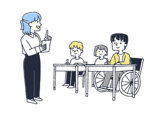 学校で授業を受ける車椅子の生徒　身体障害者も他の子供達共に同じクラスで学ぶ　コミカルな手書きの人物　