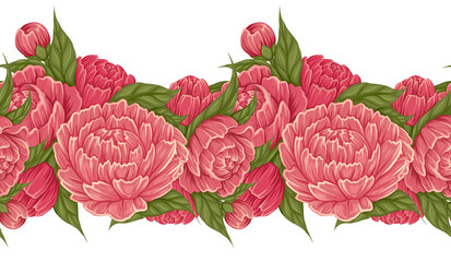Vector seamless border with cartoon peony flowers with foliage isolated from background. Frame with floral composition. Botany frieze © veleri_kz