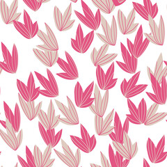 Floral seamless with hand drawn color exotic leaves. Cute autumn background. Tropic pink branches. Modern floral compositions. Fashion vector illustration for wallpaper, fabric, textile
