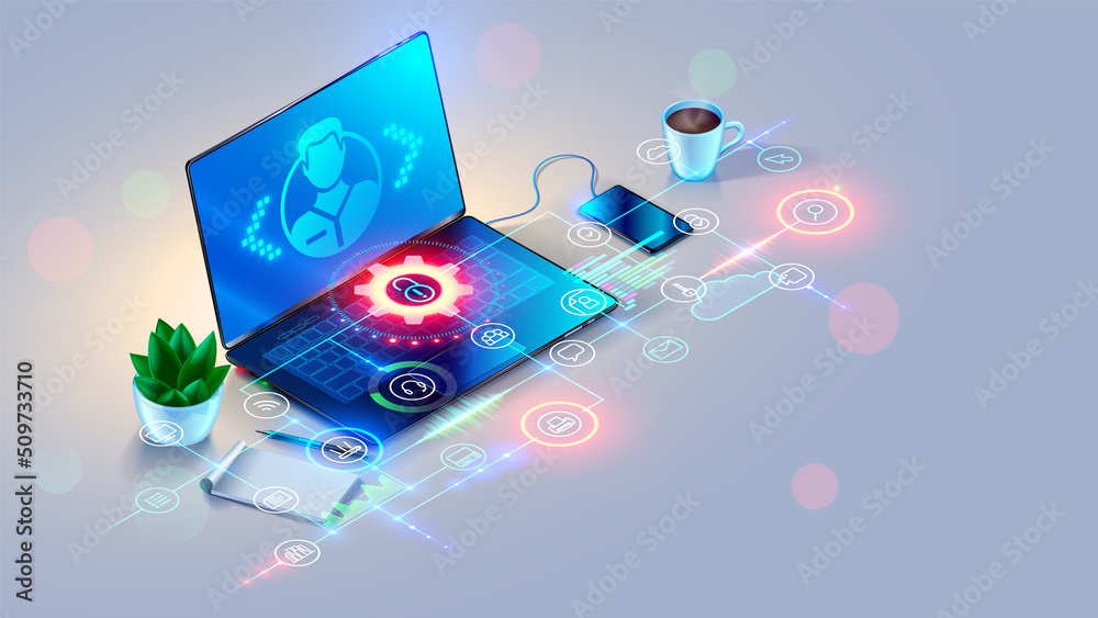 Fototapete Remote Support online. Remotely access and control of computer or laptop via web internet connection. System administrator helps of user. Chat of technician support. Computer technology concept.