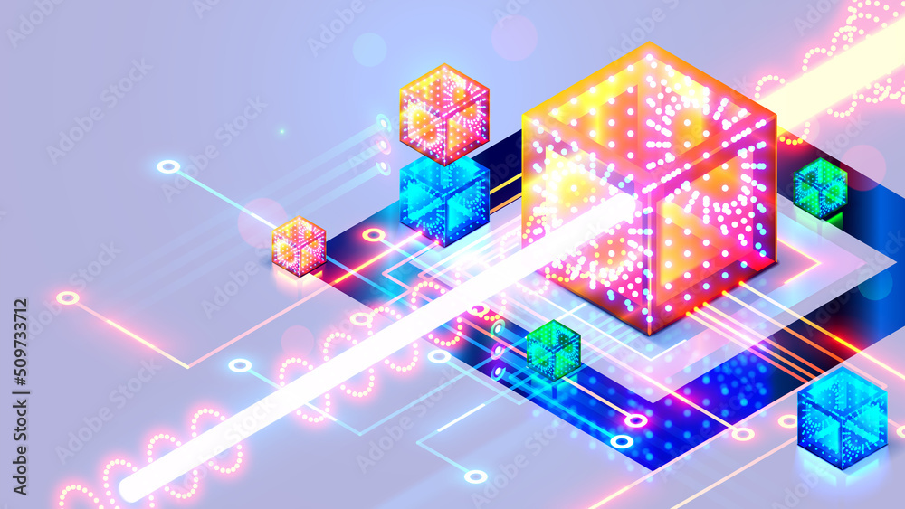 Leinwandbilder Abstraction concept of Quantum computer. The beam of digital signal passes through qubit in core optical CPU. tech background. Futuristic hardware technology of Quantum computing architecture.