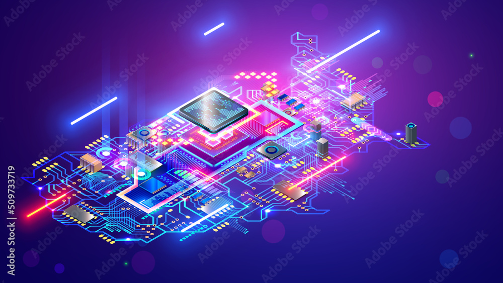Poster Map USA or America technology conceptual banner. Circuit United States of America as a electronic printed circuit Board with Chip or CPU processor. USA tech background. Microelectronics industry.