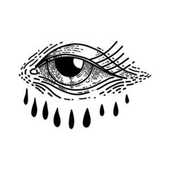 Illustration of human eye in engraving style. Design element for poster, card, banner, emblem, sign. Vector illustration