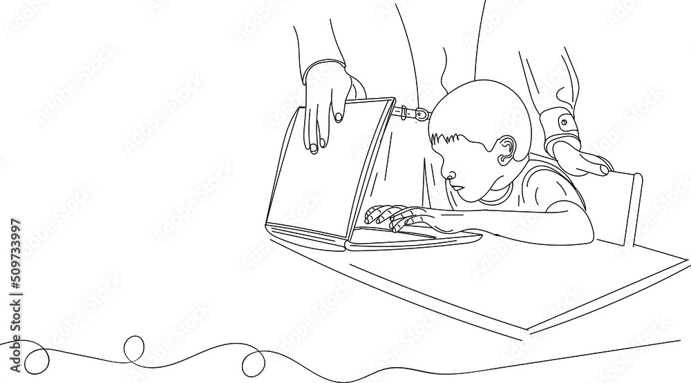 Wall mural video game addiction vector, sketch drawing of video game addicted kid playing game on laptop, line 