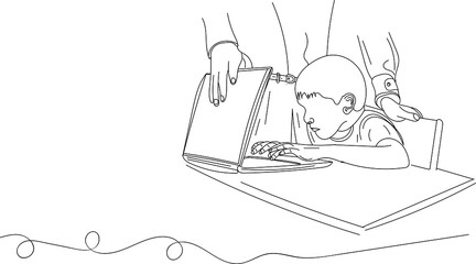 Video Game addiction vector, sketch drawing of video game addicted kid playing game on laptop, line art illustration of child working on laptop in night