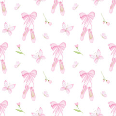 Pink dance pointes background. Ballet shoes seamless pattern. Girl pastel wallpaper. © Катерина Тышковская