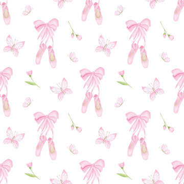 Pink dance pointes background. Ballet shoes seamless pattern. Girl pastel wallpaper.