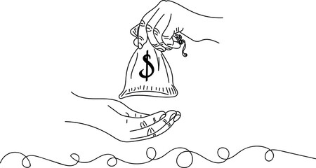 Rupee Bag vector, Dollar bag logo, sketch drawing of hand holding small bag of rupee, line art illustration of Rupee Theli