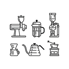 Fototapeta na wymiar Coffee brewing appliances from coffee grinders, kettle, plunger or French press, syphon and v60 drip. 