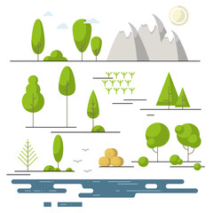 Set of trees in a cartoon style. Elements of nature and landscape.