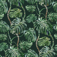 Seamless watercolor pattern with monstera flower on a green background for prints and textile design