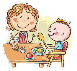 Family eating. Cartoon illustration of mom feeding child