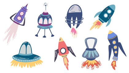 Space rockets set. Rocket, Satellite, UFO. Cartoon Rocket for fashionable children's clothing or textiles. Vector Hand draw illustration isolated on the white background.
