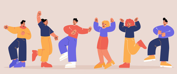 Happy people dance in different poses and joy together. Vector flat illustration of group of excited men and women celebrating holiday having fun isolated on background