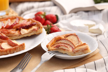 Apple pie and different products on blanket, closeup. Summer picnic