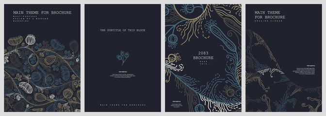 Covers for brochures with floral ornaments. A set of A4 sheets with linear floral patterns. Vector illustration for cover, banner, brochure, poster, flyer and others.