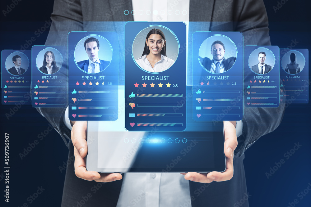 Poster human resource management concept. cv online to choose the perfect employee for business. modern tec