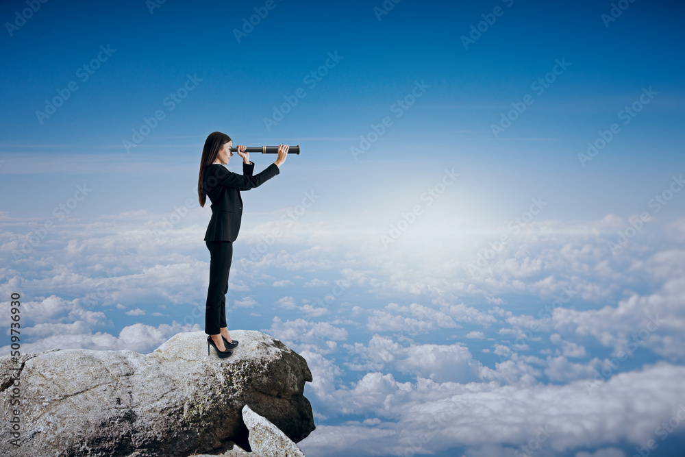 Poster businesswoman with telescope standing on cliff and looking into the distance on bright blue sky and 