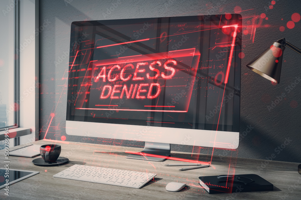 Poster Close up of computer on desktop with abstract red denied access hologram. Connection and crime concept. Double exposure.