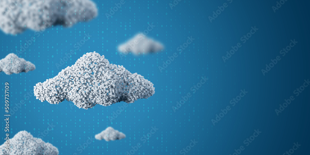 Poster Creative pixel cloud on blue background with mock up place. Cloud computing service, cloud data storage technology hosting concept. 3D Rendering.