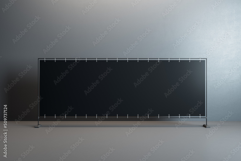 Poster Empty black long rectangular banner in simple concrete interior. Advertisement and mock up concept. 3D Rendering.