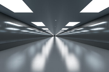 Modern gray concrete underground corridor with ceiling lights and reflections. Subway and station concept. 3D Rendering.