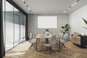 Fototapeta premium Modern meeting room interior with empty white mock up banner, window and city view, furniture. 3D Rendering.