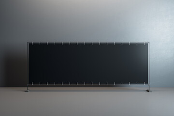 Empty black long rectangular banner in simple concrete interior. Advertisement and mock up concept. 3D Rendering.