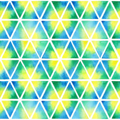 Seamless watercolor geometric pattern. Triangles on a white background with a gradient of three colors: yellow, blue, green.