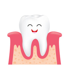 Cute cartoon tooth character with gums. Dental care concept, illustration.