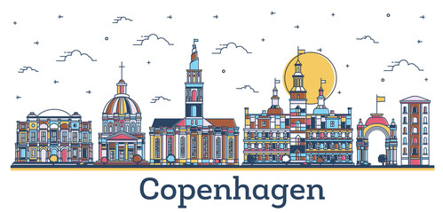 Outline Copenhagen Denmark City Skyline with Colored Historic Buildings Isolated on White.