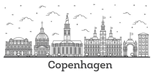 Fototapeta premium Outline Copenhagen Denmark City Skyline with Historic Buildings Isolated on White.
