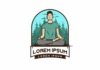 illustration of a someone doing yoga and meditating outdoors in a forest in nature among pine trees