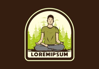 illustration of a someone doing yoga and meditating outdoors in a forest in nature among pine trees
