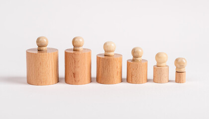 Hierarchy concept. Row of Montessori knobbed cylinders from bigger to smaller. Kids toy for...