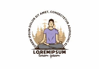 illustration of a someone doing yoga and meditating outdoors in a forest in nature among pine trees