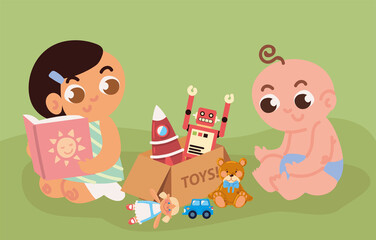 cute babies and toys box