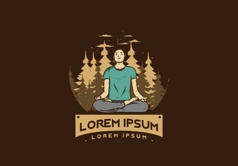 illustration of a someone doing yoga and meditating outdoors in a forest in nature among pine trees
