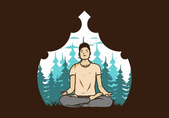 illustration of a someone doing yoga and meditating outdoors in a forest in nature among pine trees