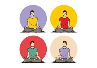 illustration of a someone doing yoga and meditating outdoors in a forest in nature among pine trees