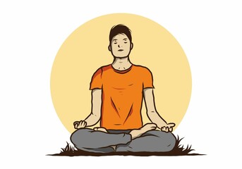 illustration of a someone doing yoga and meditating outdoors in a forest in nature among pine trees