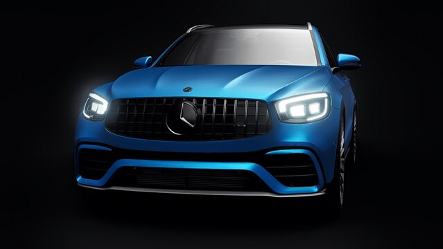 Paris. France. May 02, 2022. Mercedes-Benz GLC 63 AMG 2021. An expensive, ultra-fast sports SUV blue car for exciting driving in the city, highway, race track on a black background. 3d rendering.