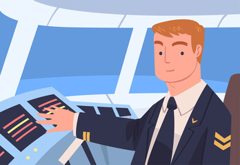 Man Aircraft Pilot or Aviator Sitting Inside Airplane Cabin at Control Panel Vector Illustration