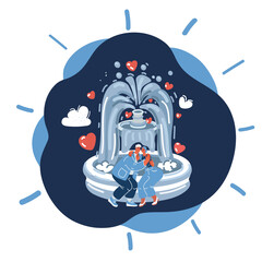 Cartoon vector illustration of Young couple embrace tenderly and kissing near fountain