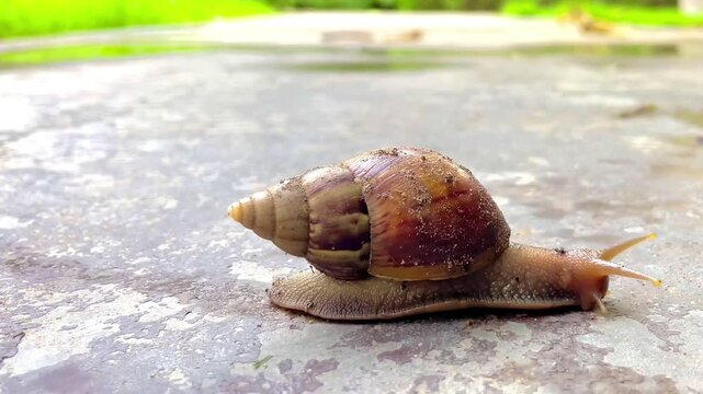 snail is slowly crawling on the cement floor