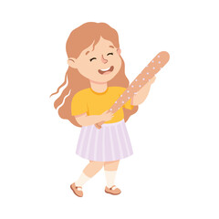 Little Girl with Wooden Stick Ready to Hit Pinata at Birthday Party Vector Illustration