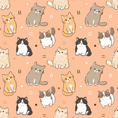 Seamless Pattern of Cartoon Cat Design on Orange Color Background
